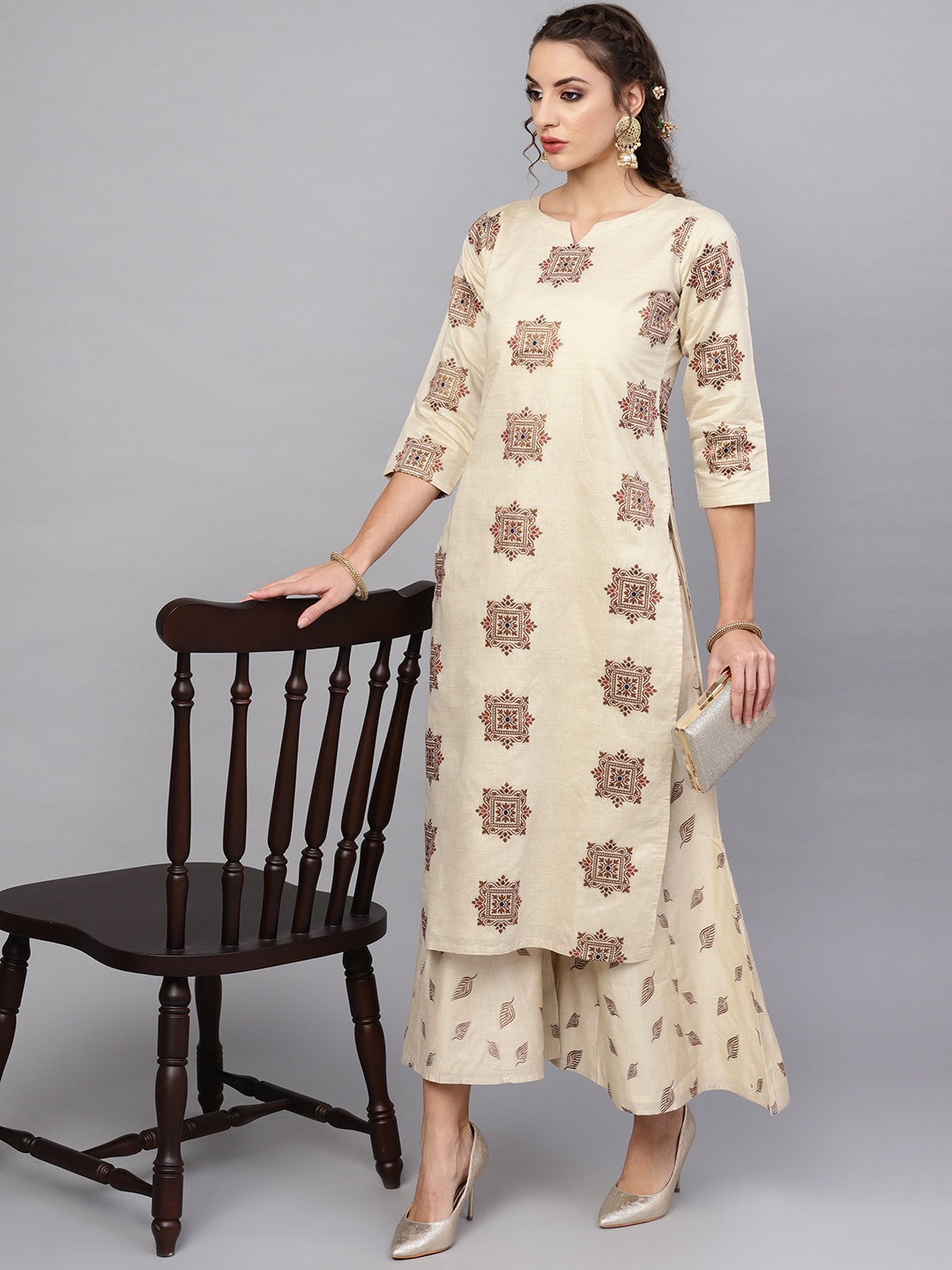 

Libas Women Beige & Golden Self Design Kurta with Palazzos