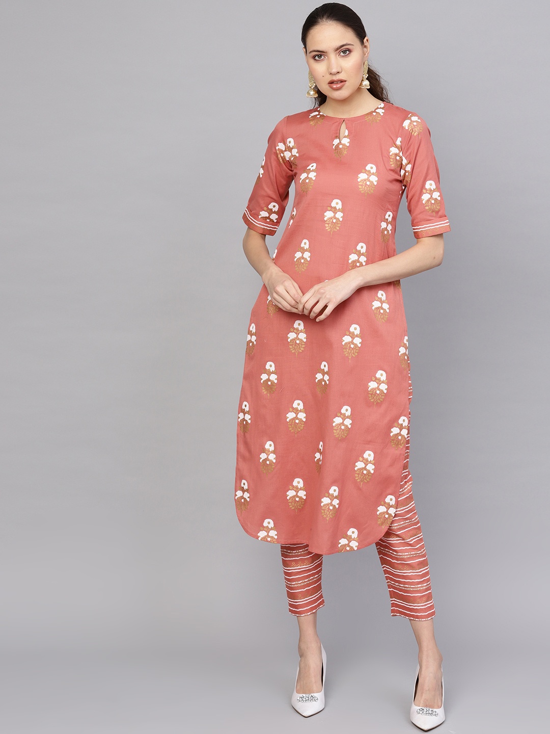 

Libas Women Peach-Coloured & Off-White Block Print Kurta with Trousers