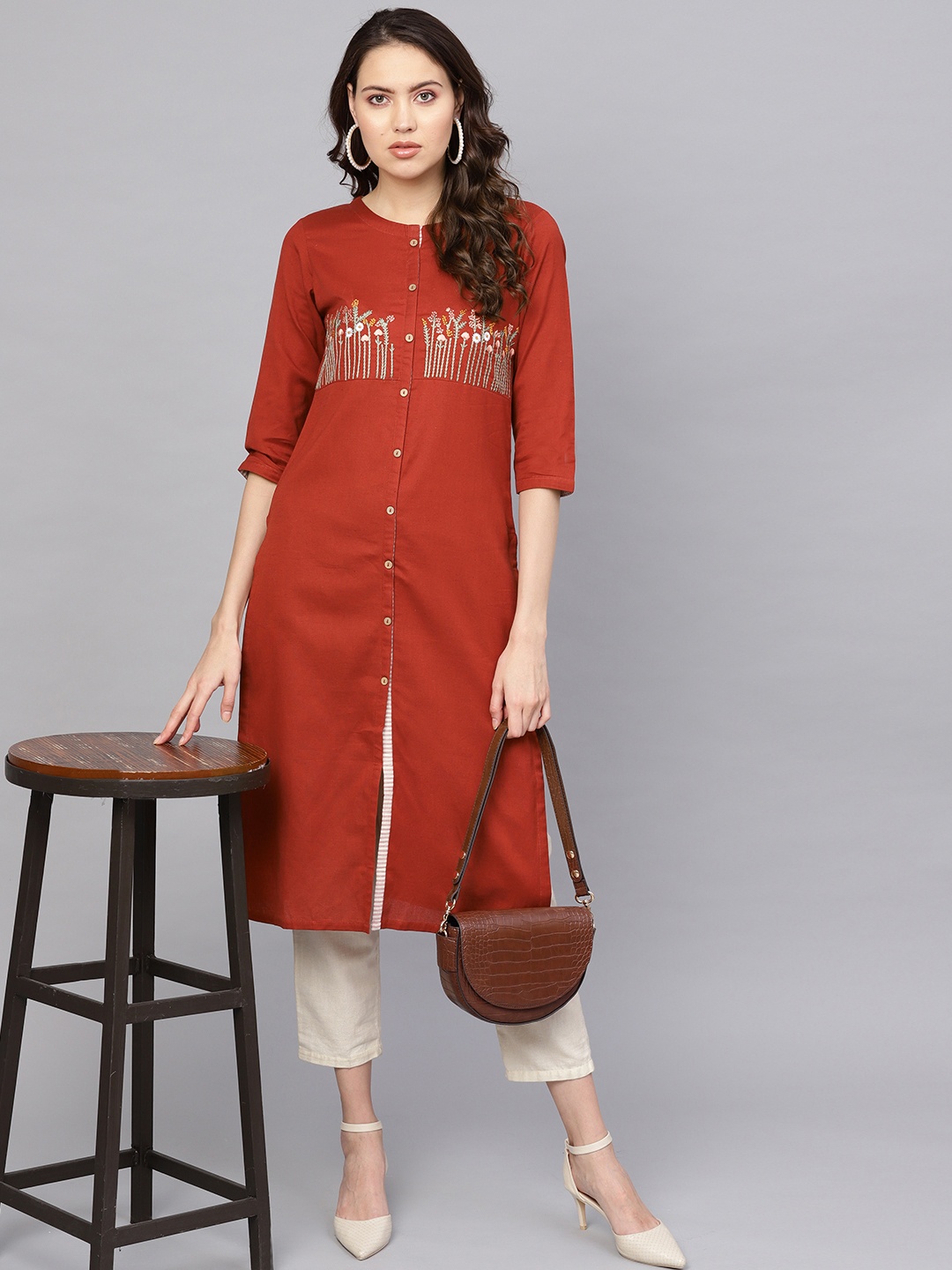 

Libas Women Rust Red Yoke Design Straight Kurta