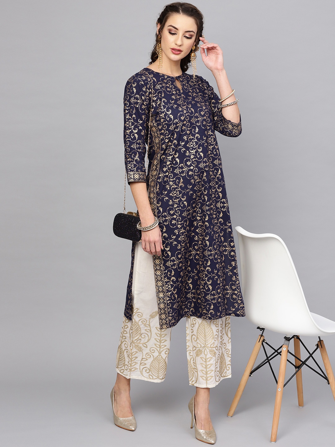 

Libas Women Navy Blue & Off-White Block Print Kurta with Palazzos