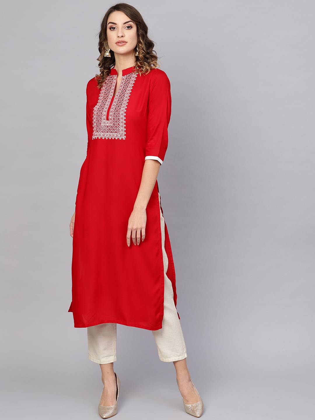 

Libas Women Red & White Yoke Design Straight Kurta