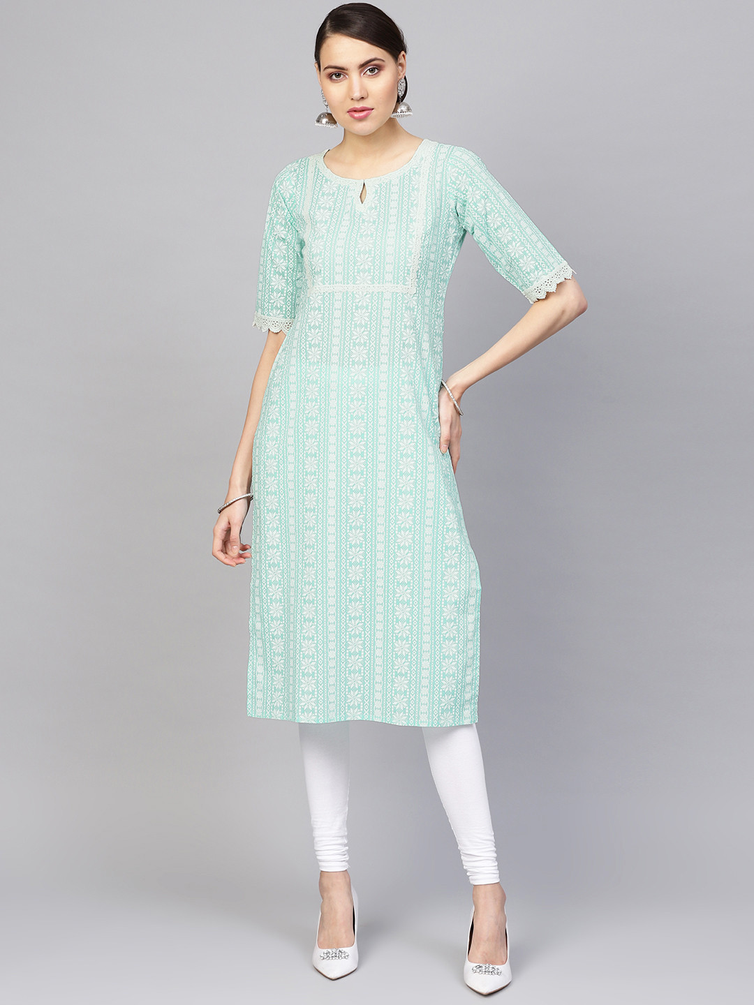 

Libas Women Sea Green & White Block Print Straight Kurta