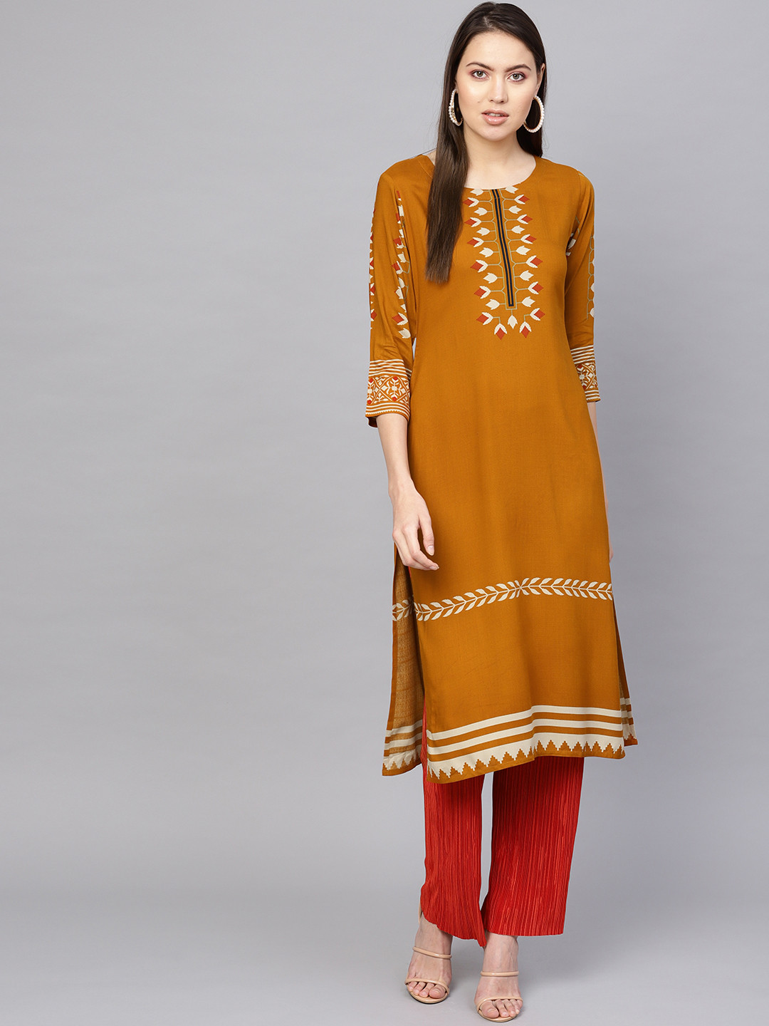 

Libas Women Mustard Brown & Grey Printed Straight Kurta