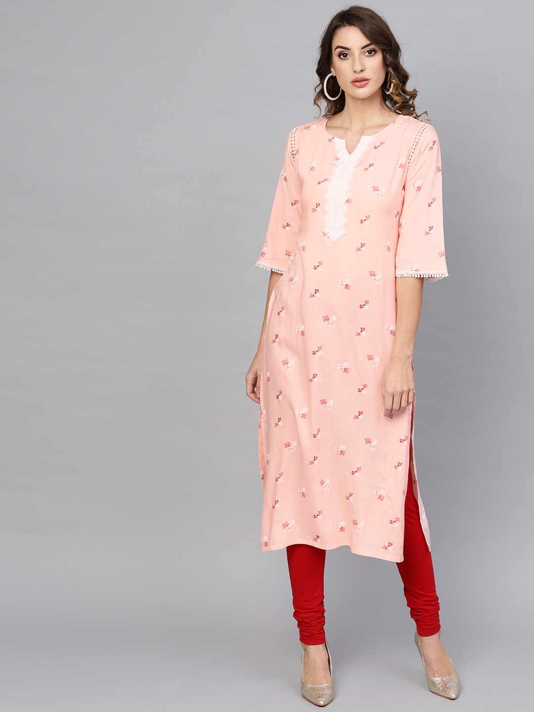 

Libas Women Peach-Coloured & Red Printed Straight Kurta