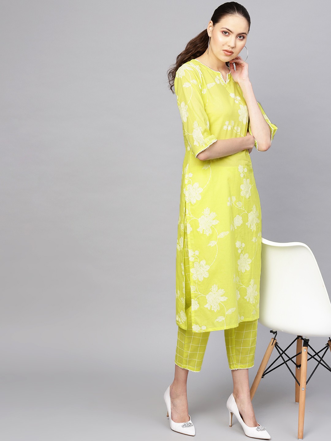 

Libas Women Lime Green & White Printed Kurta with Trousers