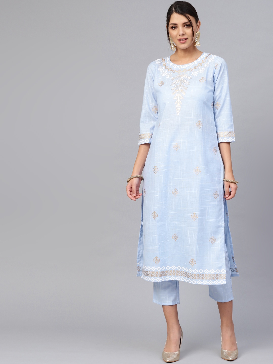 

Libas Women Blue & White Block Print Kurta with Trousers