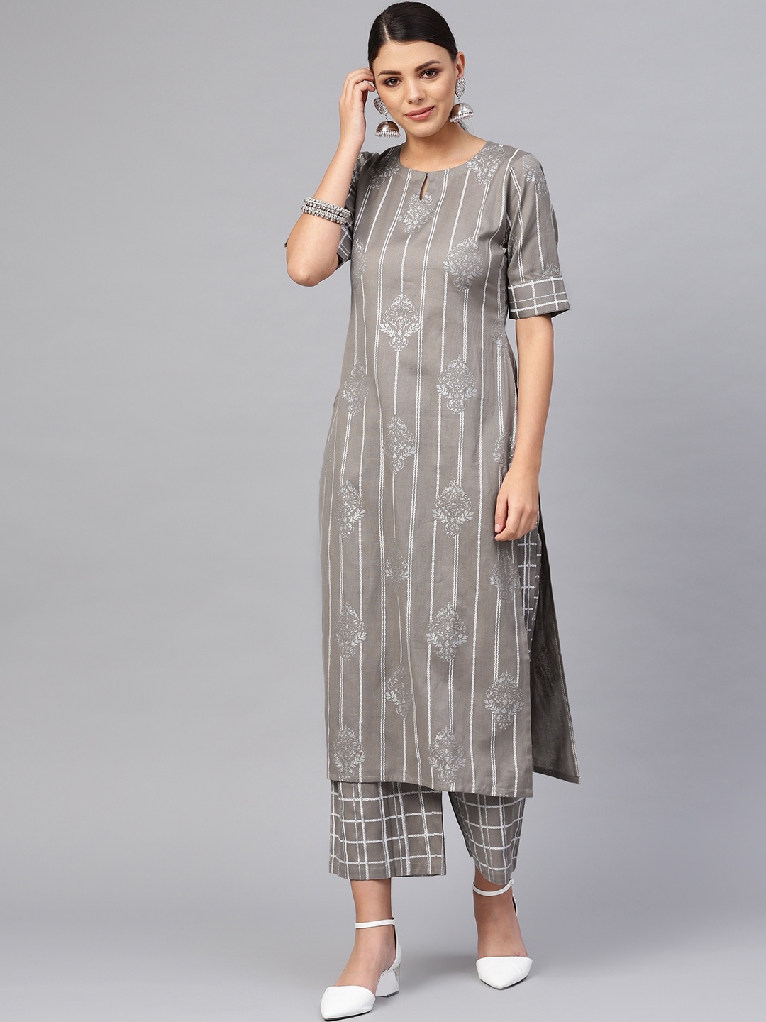 

Libas Women Grey & White Block Print Kurta with Palazzos