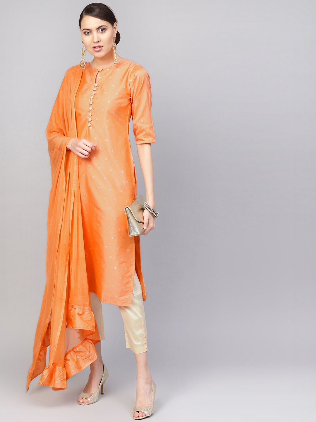 

Libas Women Orange & Beige Embroidered Kurta with Trousers & Dupatta