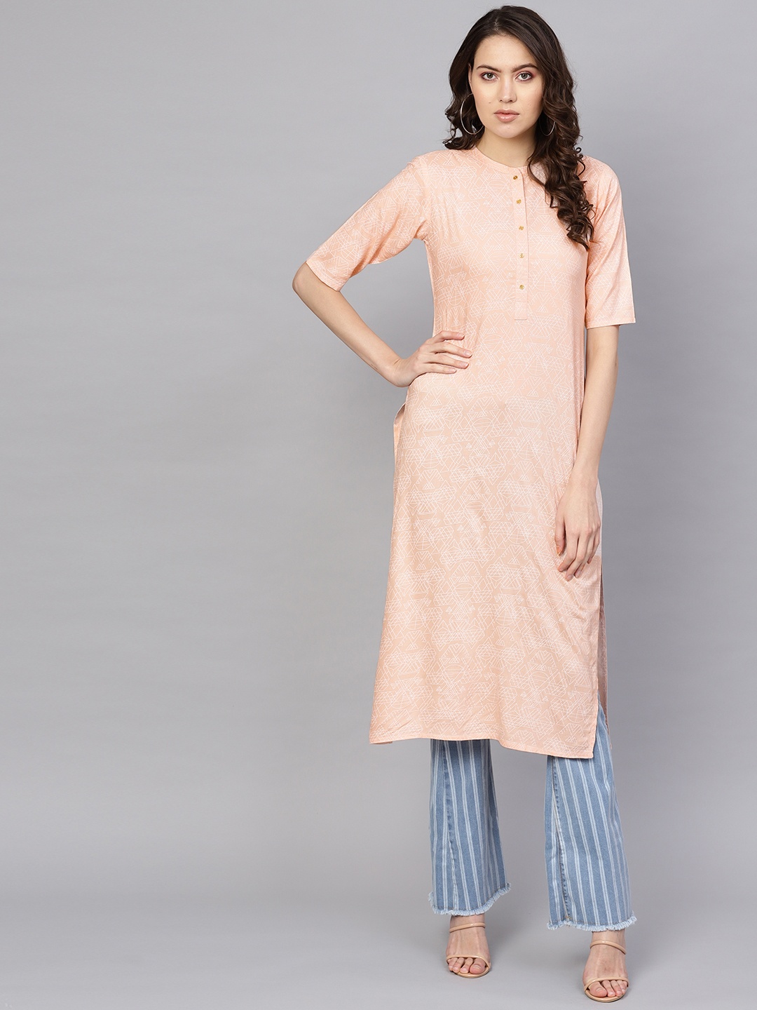 

Libas Women Peach-Coloured & White Printed Straight Kurta