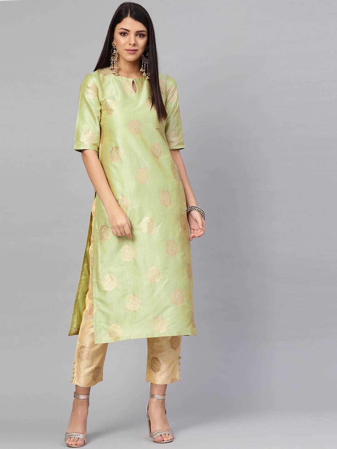 

Libas Women Green & Cream-Coloured Woven Design Kurta with Trousers