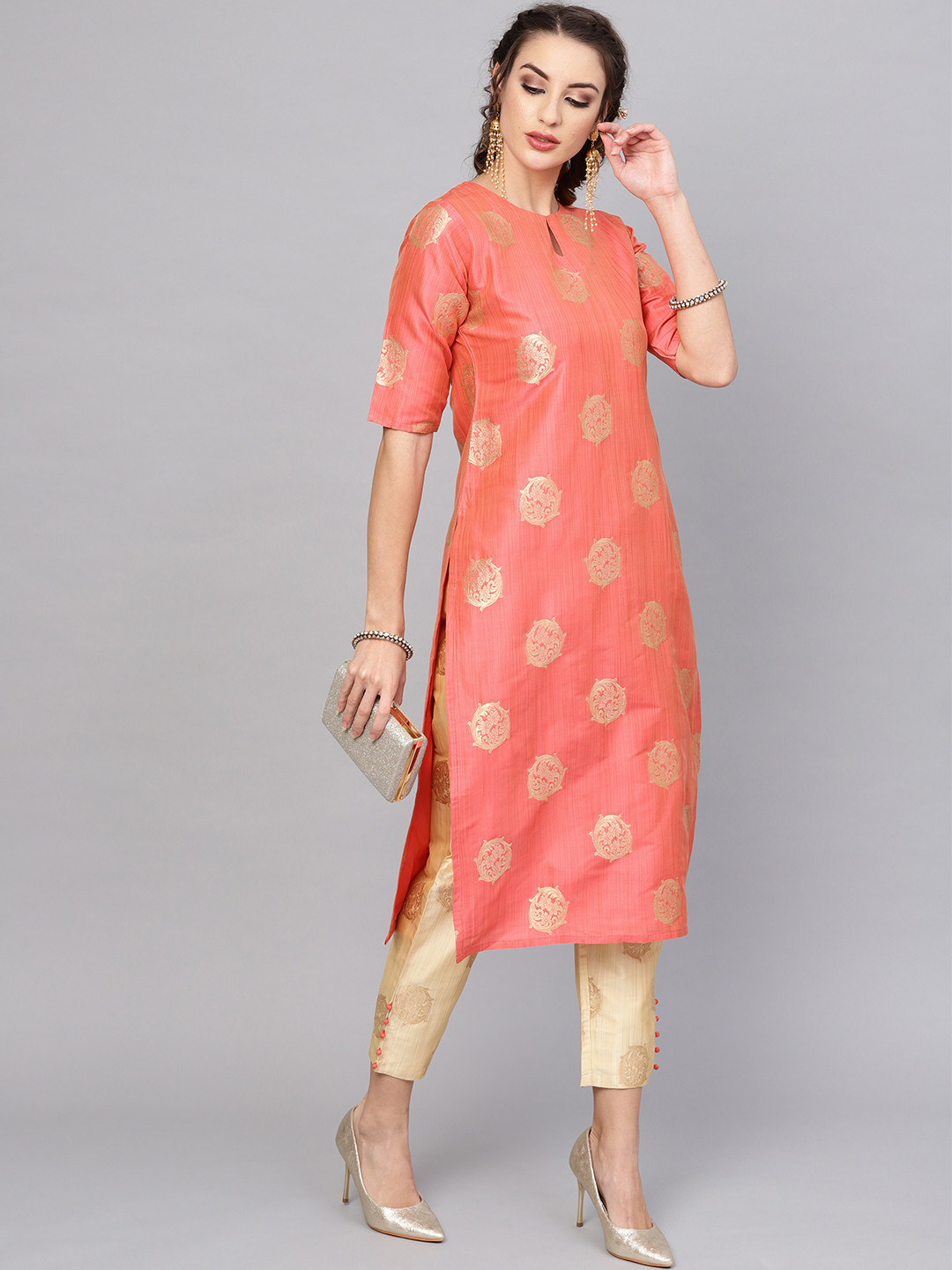 

Libas Women Peach-Coloured & Beige Woven Design Kurta with Trousers, Pink