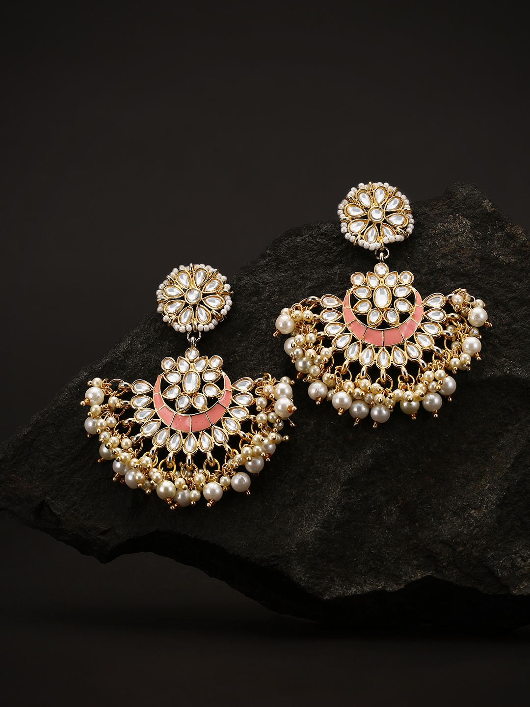 

Priyaasi Peach-Coloured Gold-Plated Kundan Studded Handcrafted Crescent Shaped Chandbalis