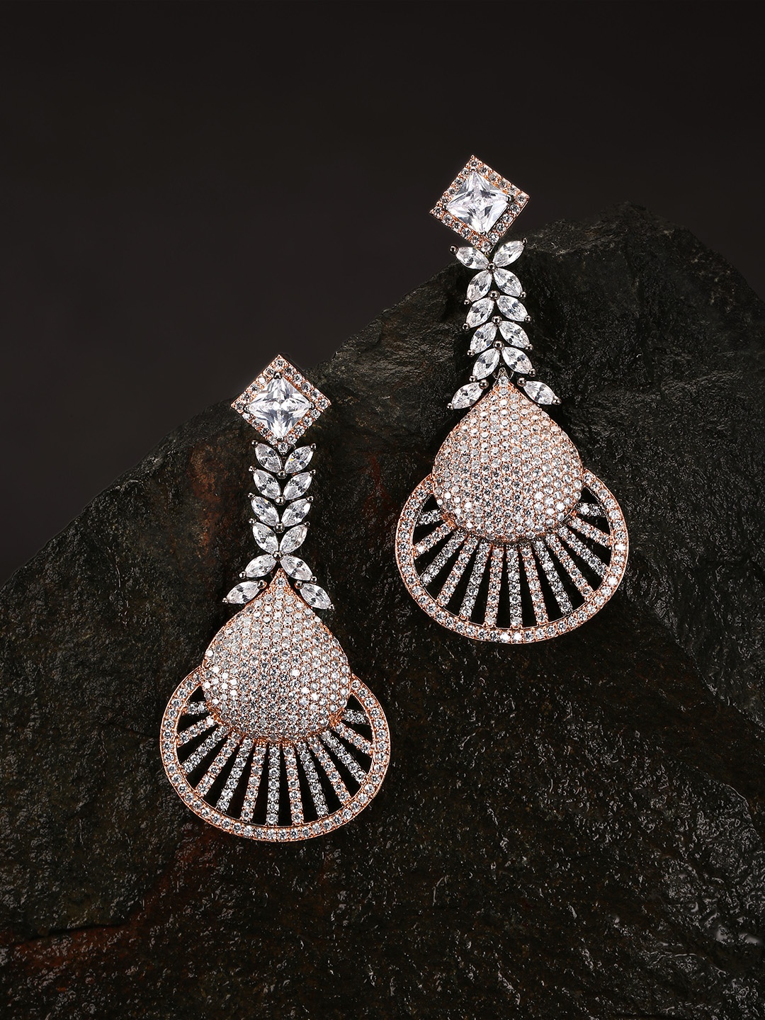 

Priyaasi Rose Gold-Toned Gunmetal-Plated AD-Studded Handcrafted Contemporary Drop Earrings