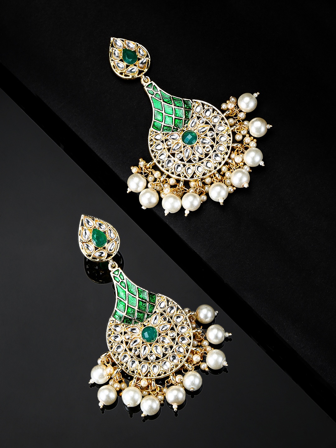 

Priyaasi Green Gold-Plated Enamelled Handcrafted Kundan Studded Classic Drop Earrings