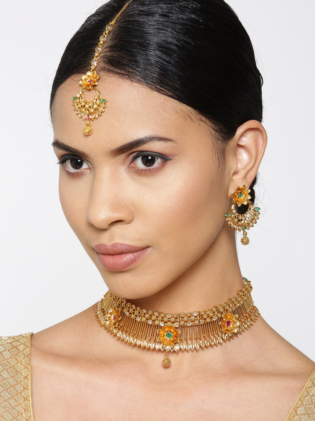 

Priyaasi Green Antique Gold-Plated Stone-Studded Jewellery Set