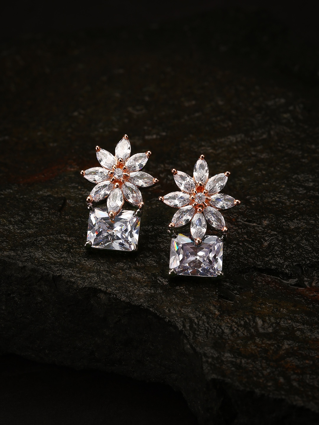 

Priyaasi Rose Gold-Toned Gunmetal-Plated Floral CZ-Studs, Metallic