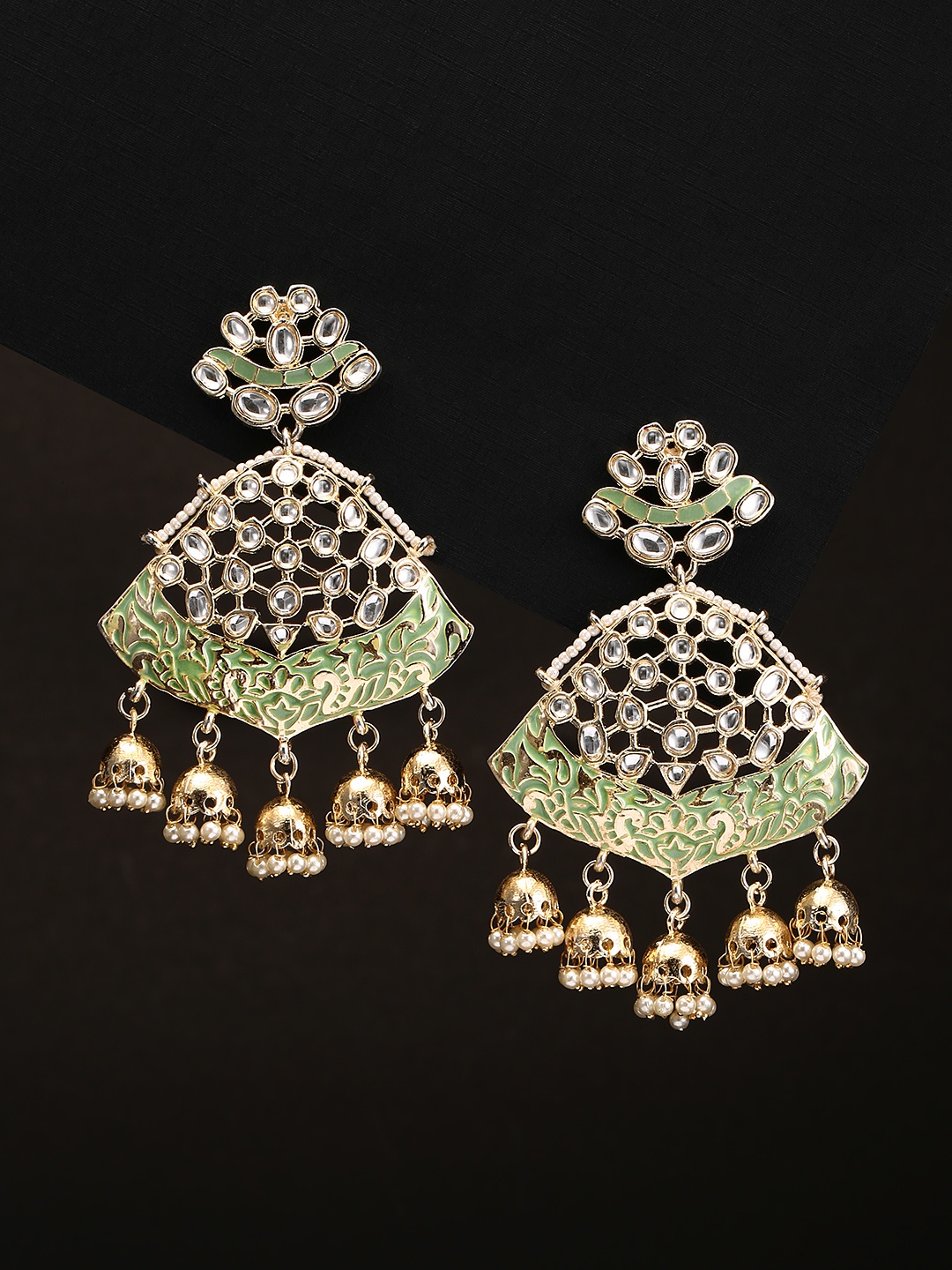 

Priyaasi Green Gold Plated Kundan Studded & Beaded Meenakari Triangular Drop Earrings