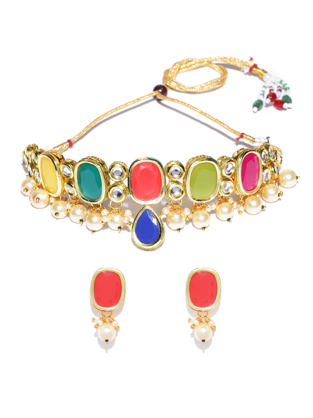 

Priyaasi Multicoloured Gold-Plated Kundan-Studded & Beaded Geometric Jewellery Set, Multi