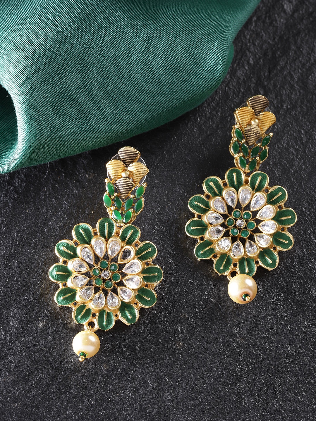 

Priyaasi Green Gold-Plated Stone-Studded & Beaded Enamelled Floral Drop Earrings