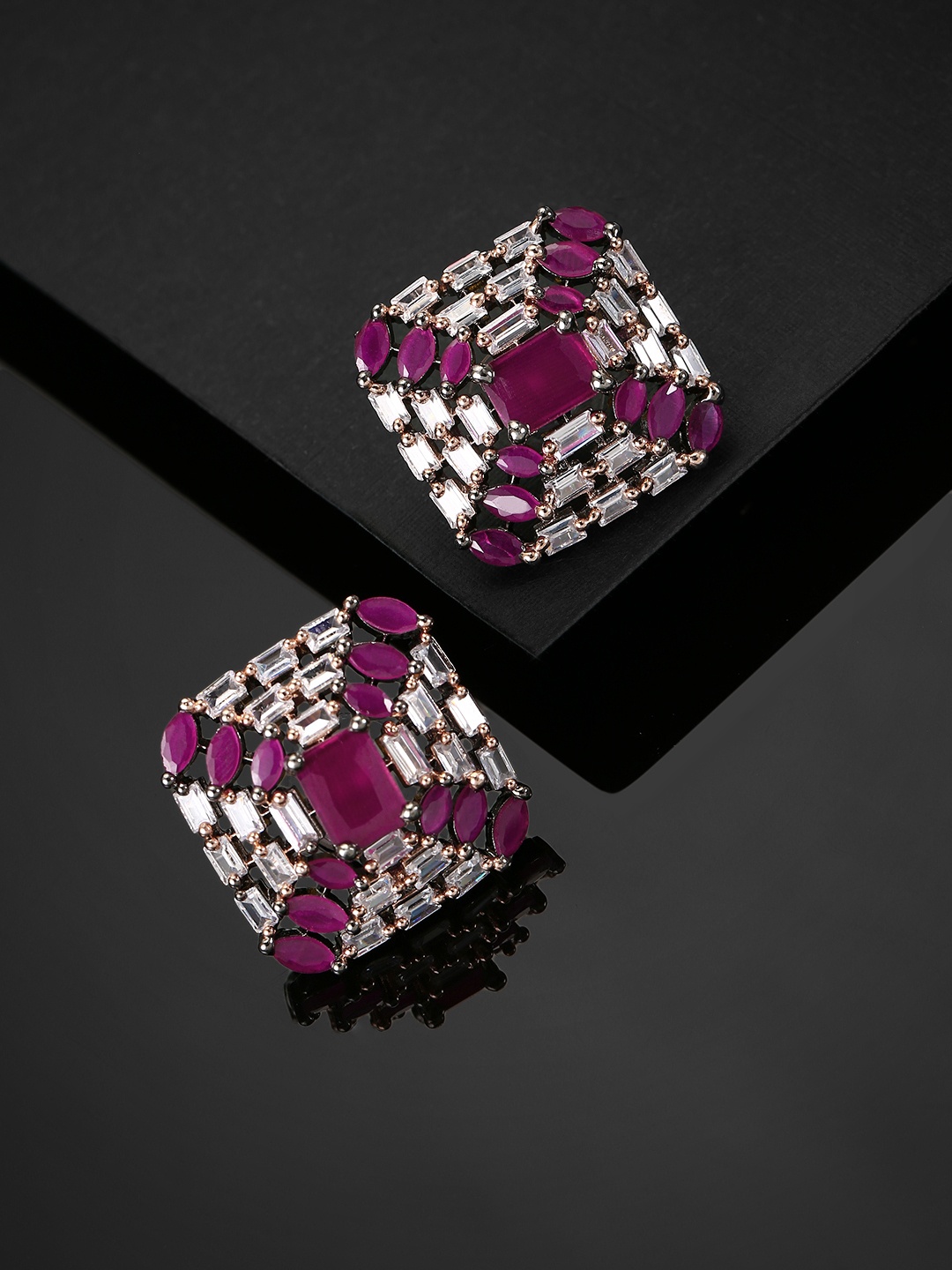 

Priyaasi Magenta & Rose Gold-Toned Gunmetal-Plated Square AD Studs, Metallic