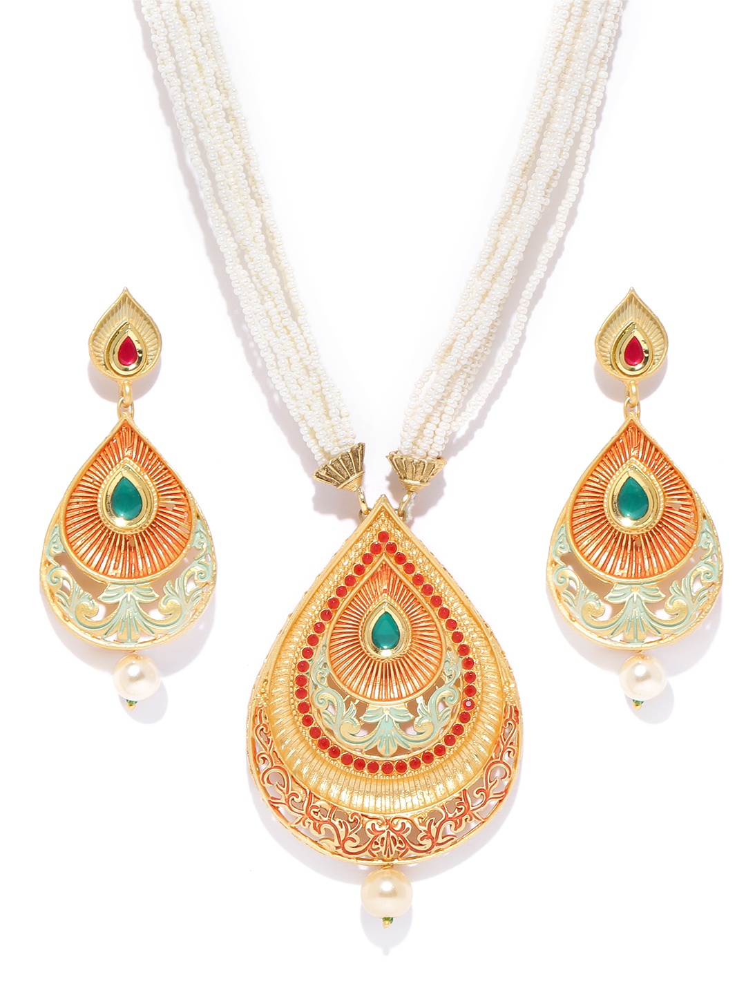 

Priyaasi Green & Red Gold-Plated Stone-Studded Handcrafted Jewellery Set