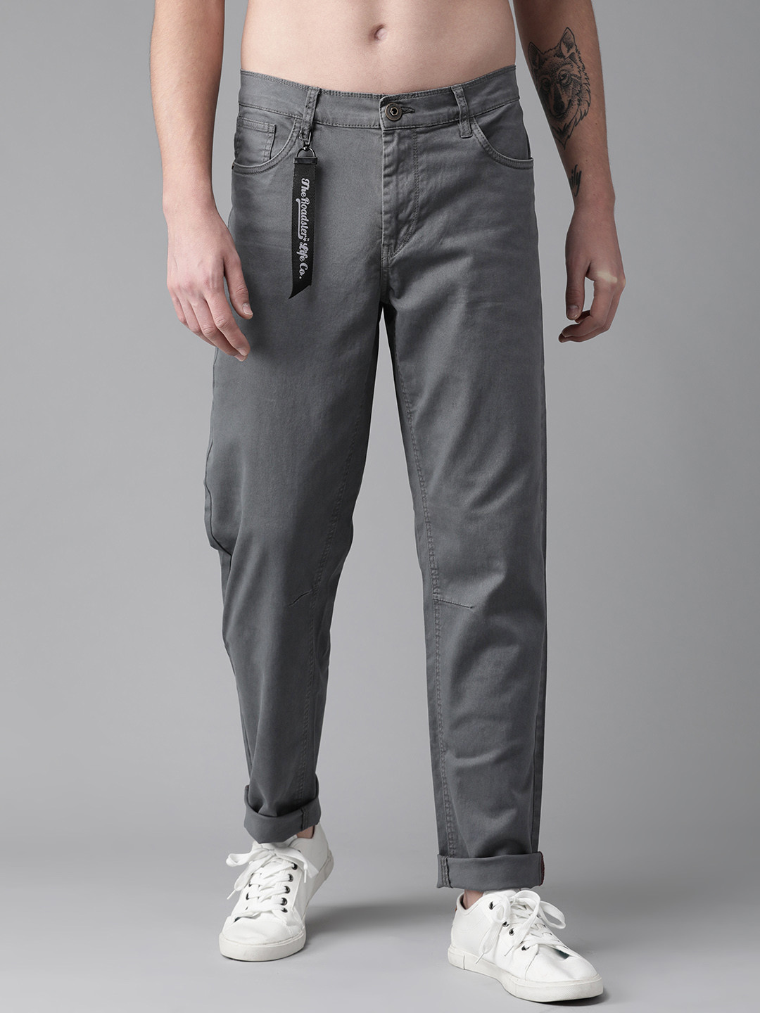 

The Roadster Lifestyle Co Men Grey Slim Fit Solid Regular Trousers