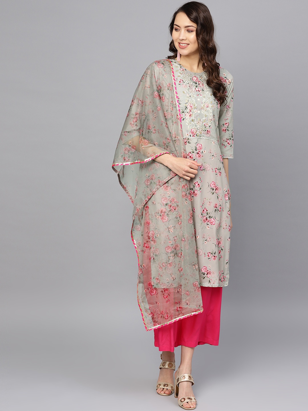 

Ahalyaa Women Grey & Pink Printed Straight Kurta with Dupatta