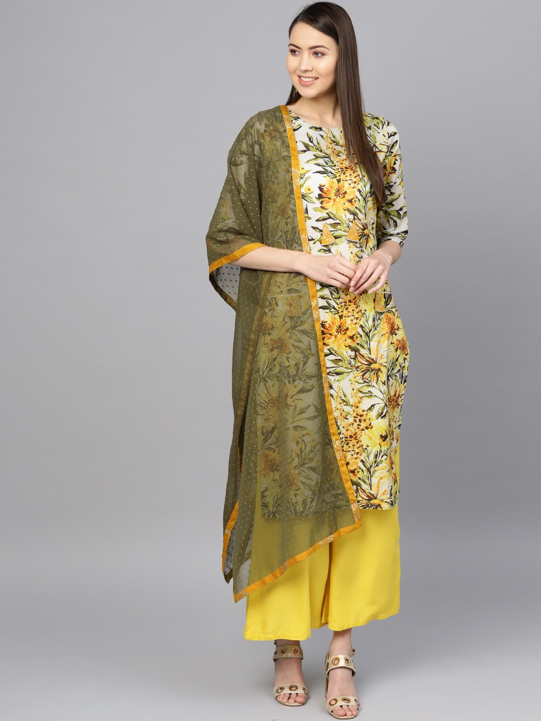 

Ahalyaa Women Off-White & Mustard Yellow Printed Kurta with Palazzos & Dupatta