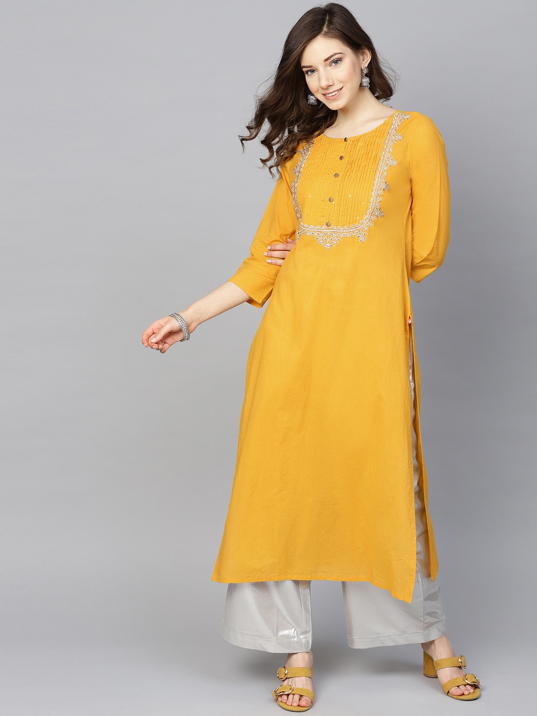 

Varanga Women Mustard Yellow Yoke Design Straight Kurta