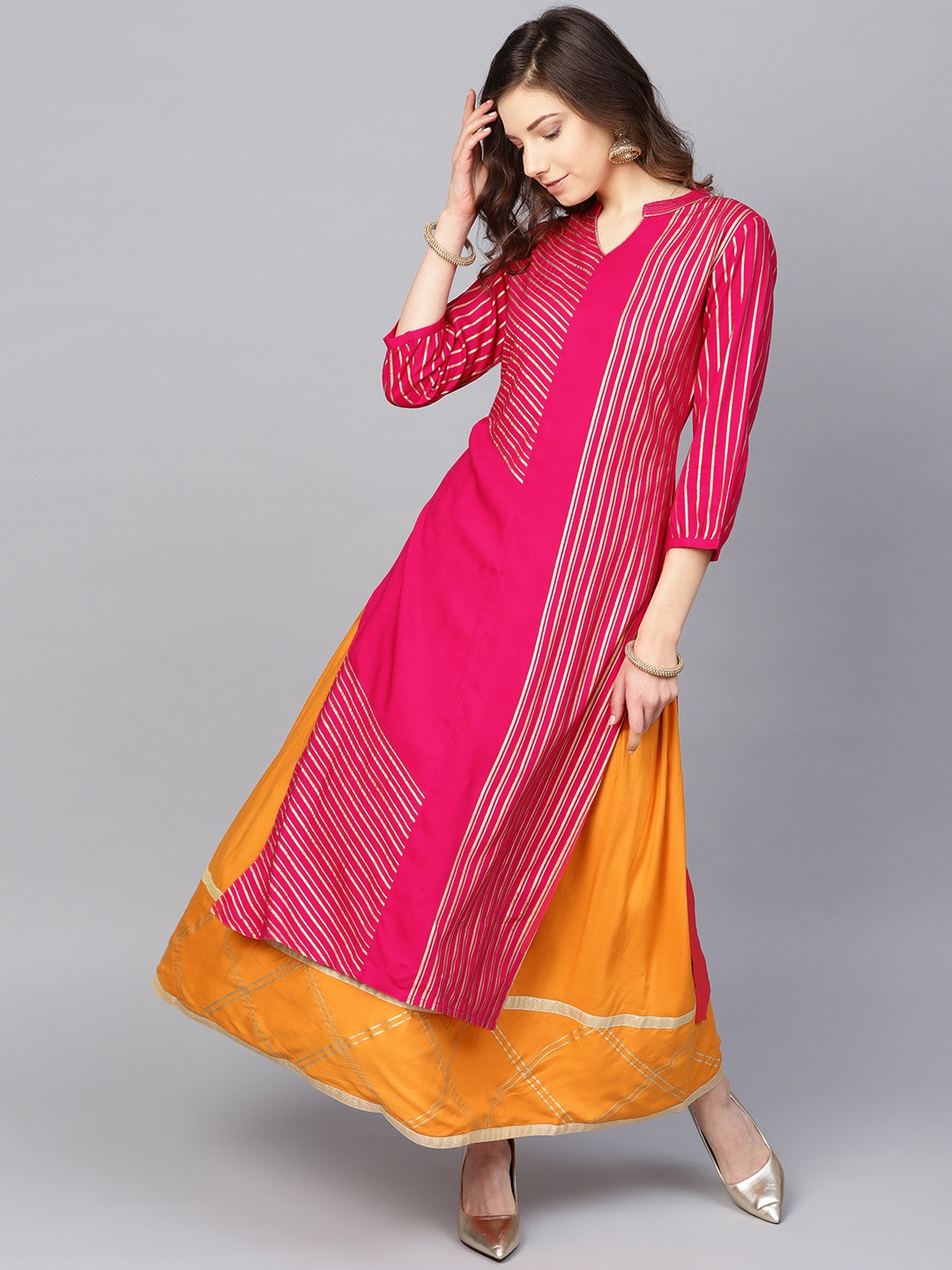 

Varanga Women Pink & Orange Striped Kurta with Skirt