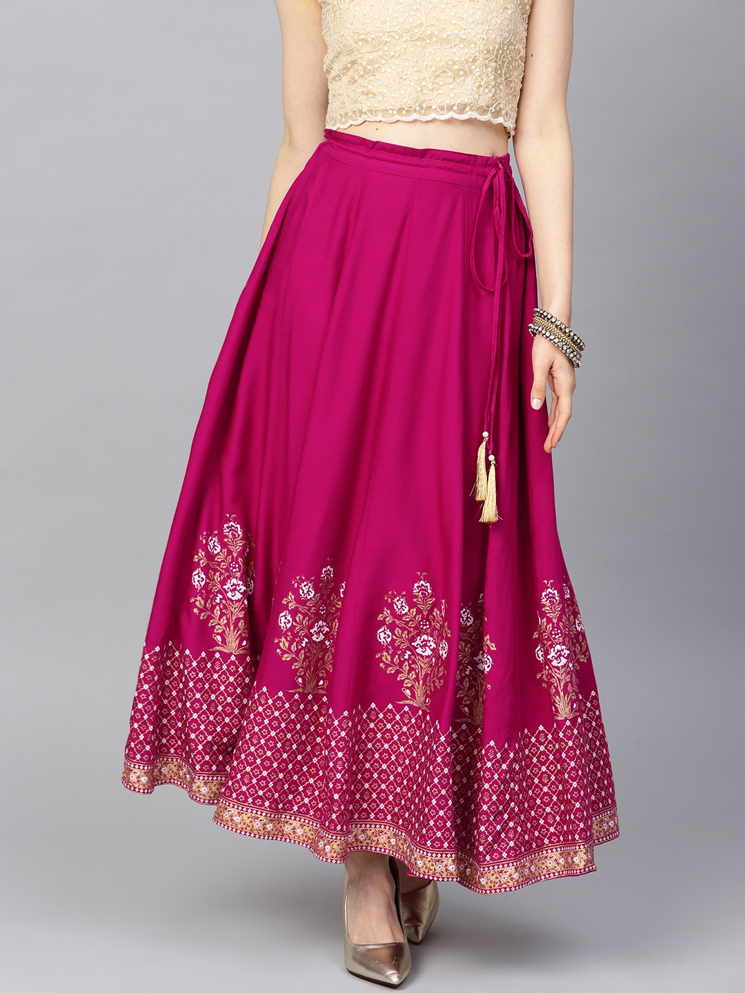 

Varanga Magenta & Golden Khadi Print Flared Maxi Skirt