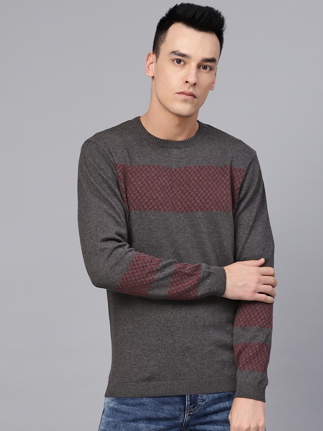 

Van Heusen Men Charcoal Grey & Maroon Self Design Pullover