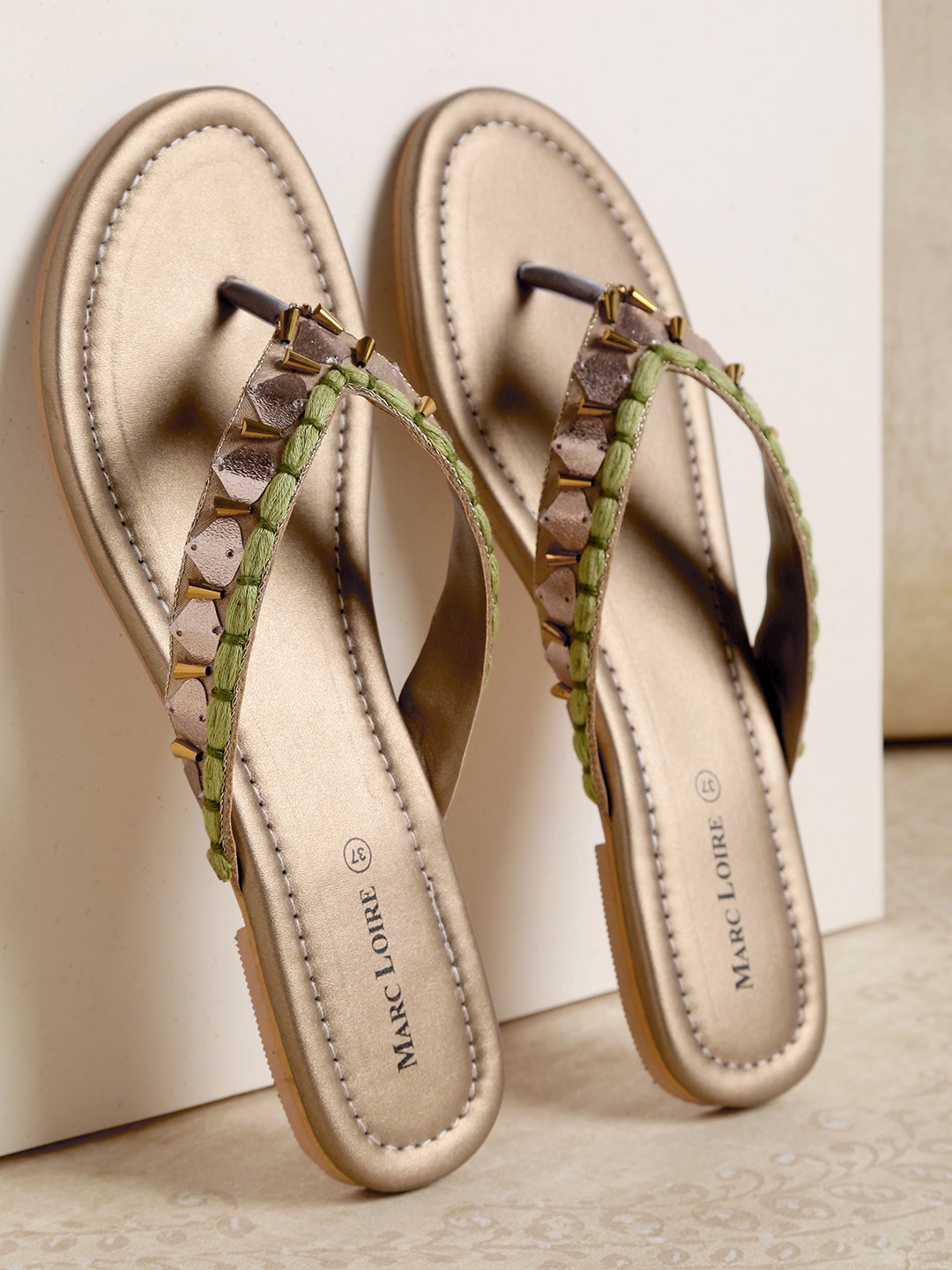 

Marc Loire Women Gold-Toned & Olive Green Embellished Open Toe Flats