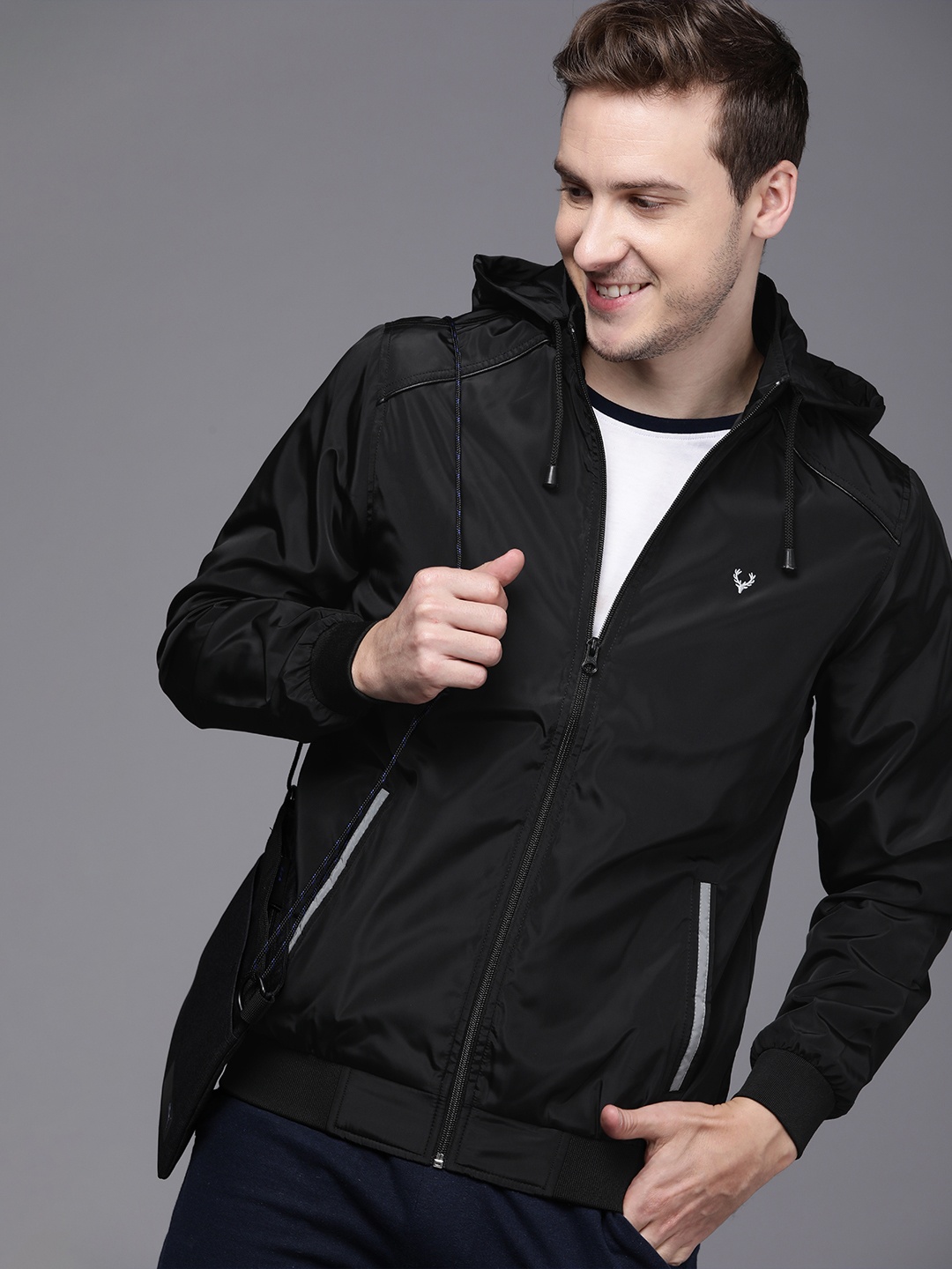 

Allen Solly Sport Men Black Hooded Solid Bomber Jacket