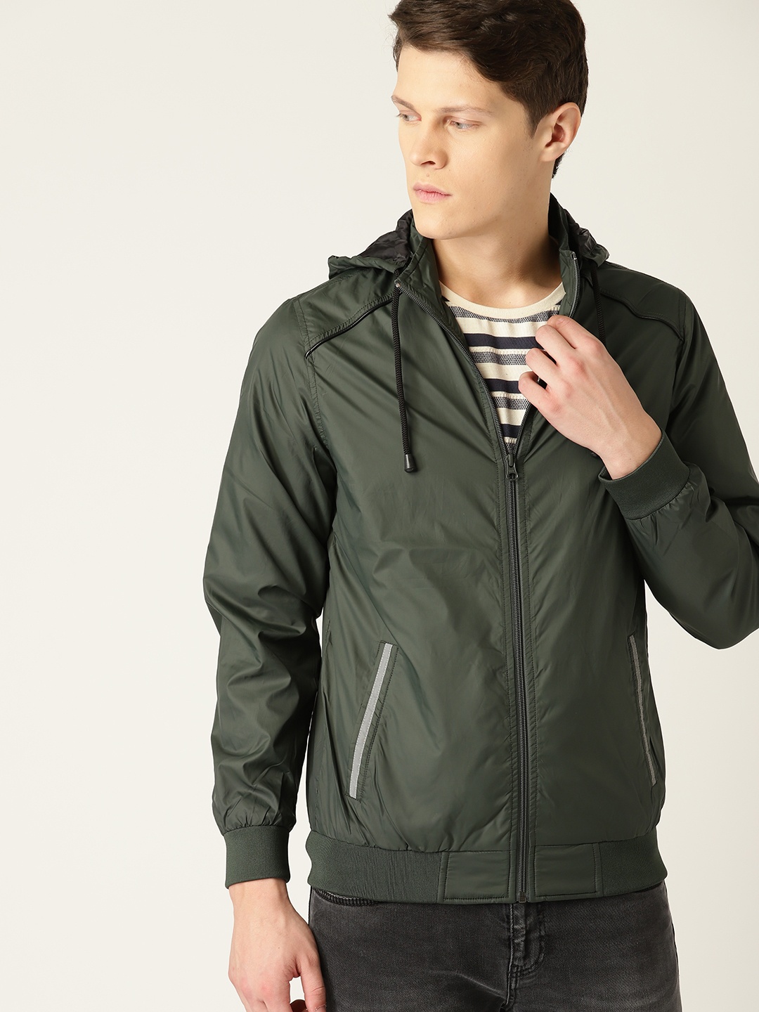 

Allen Solly Sport Men Olive Green Solid Hooded Bomber Jacket