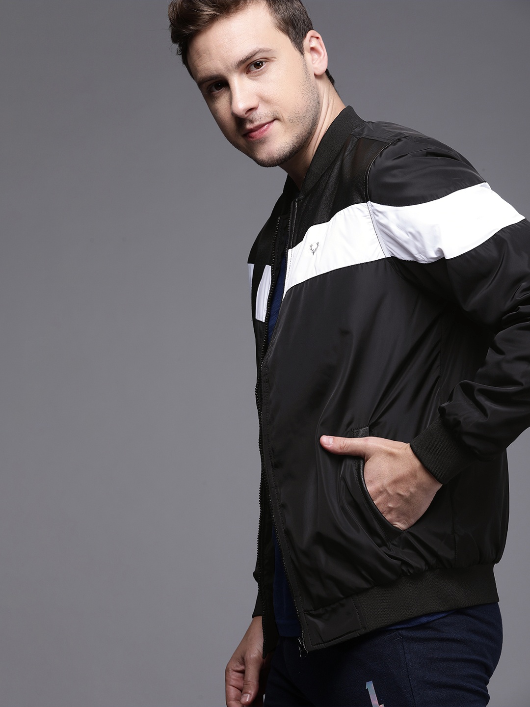 

Allen Solly Sport Men Black & White Colourblocked Bomber Jacket