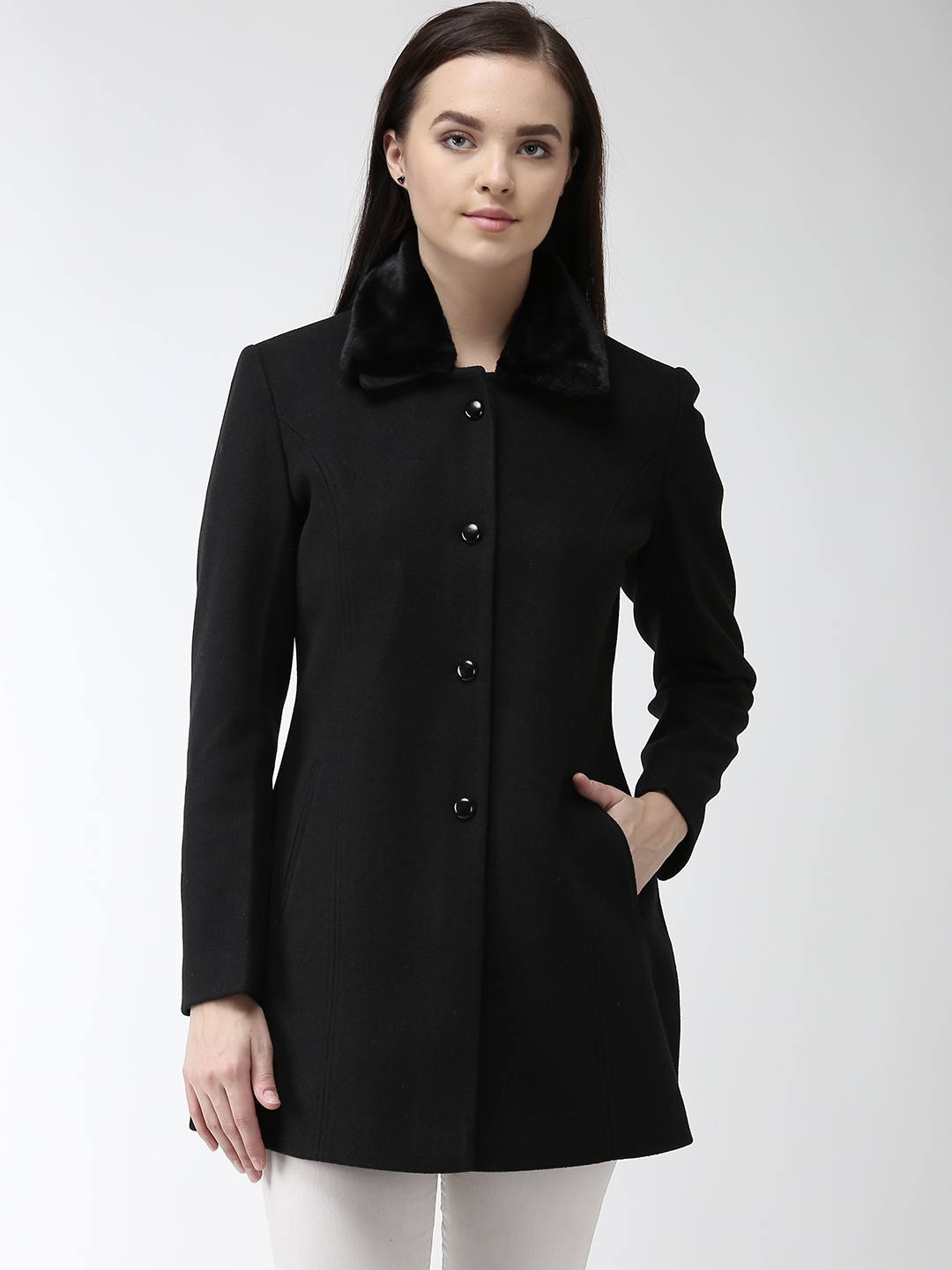 

Okane Women Black Solid Tailored Fit Hip Length Overcoat