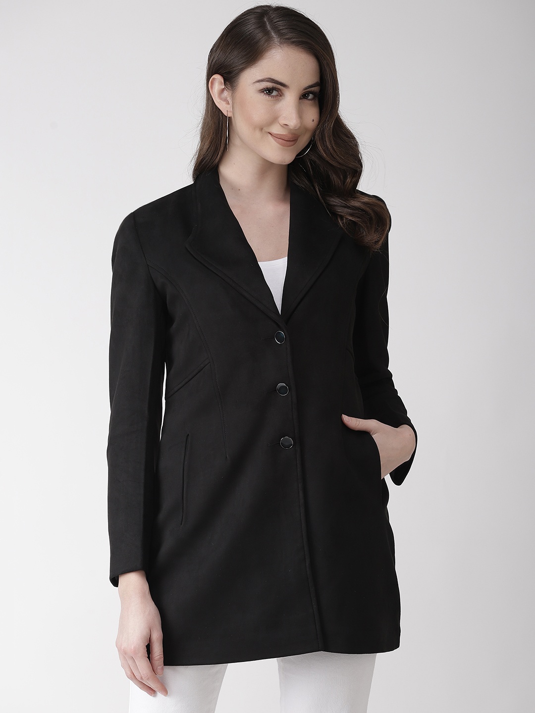 

Okane Women Black Solid Suede Finish Overcoat