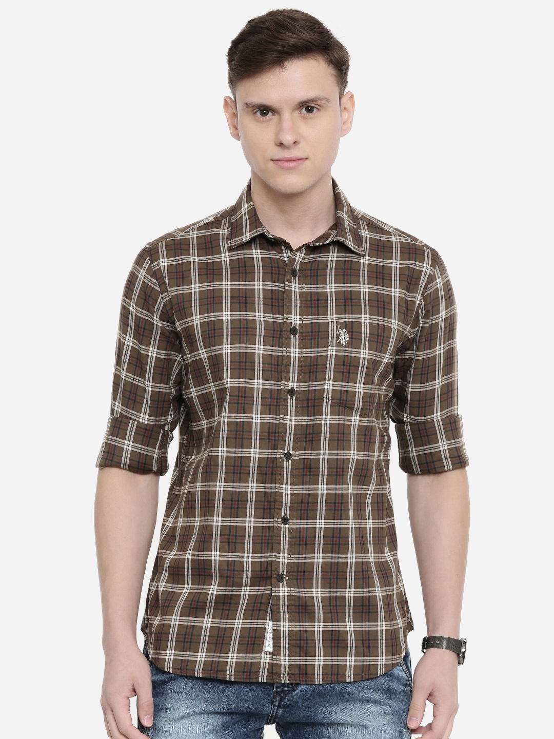 

U.S. Polo Assn. Men Brown & White Tailored Fit Checked Casual Shirt