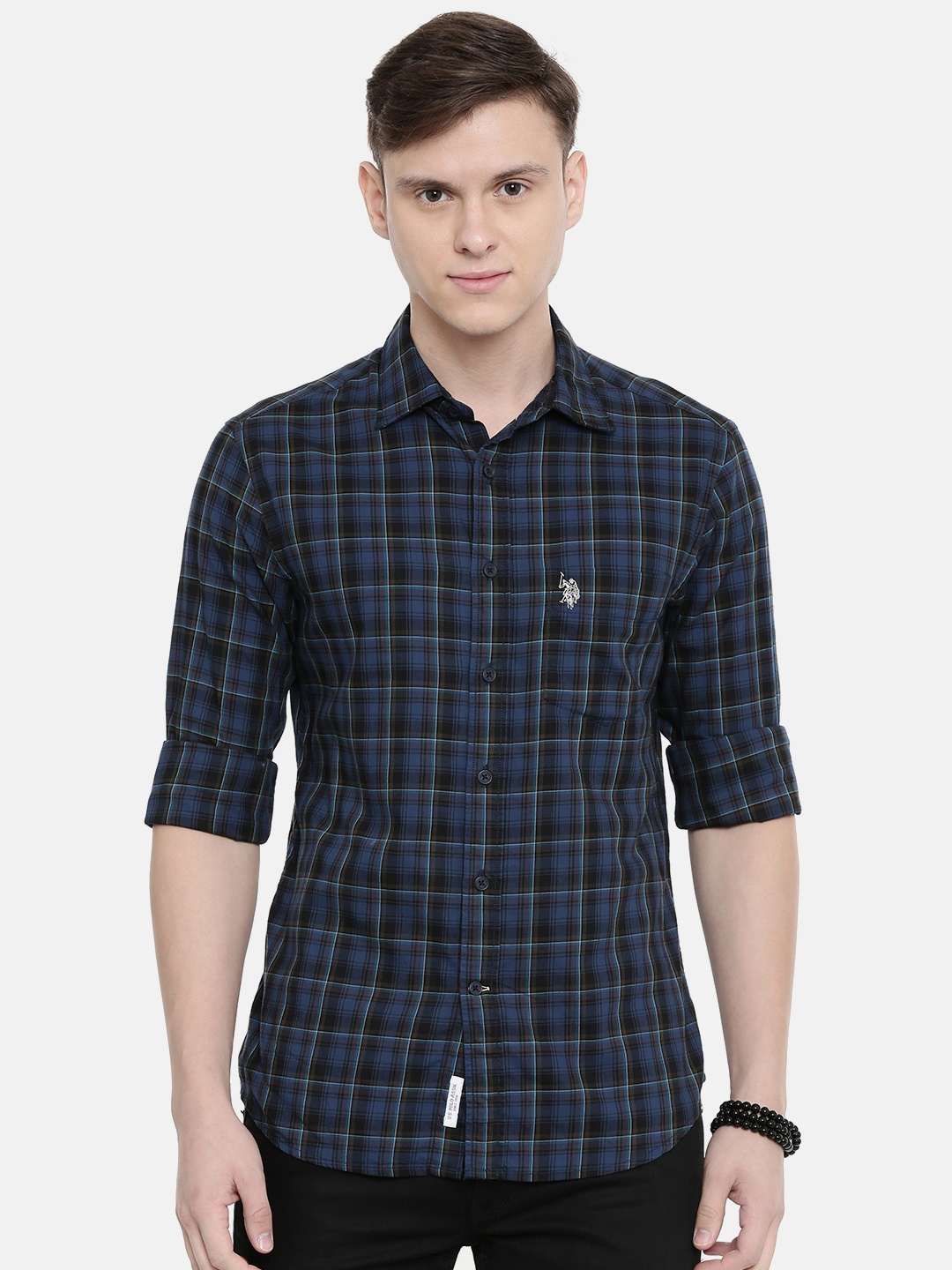 

U.S. Polo Assn. Men Navy Blue & Olive Green Standard Tailored Fit Checked Casual Shirt