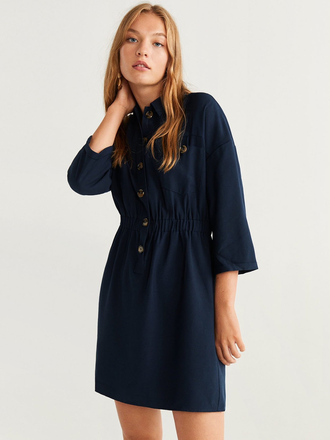 

MANGO Women Navy Blue Solid Shirt Dress
