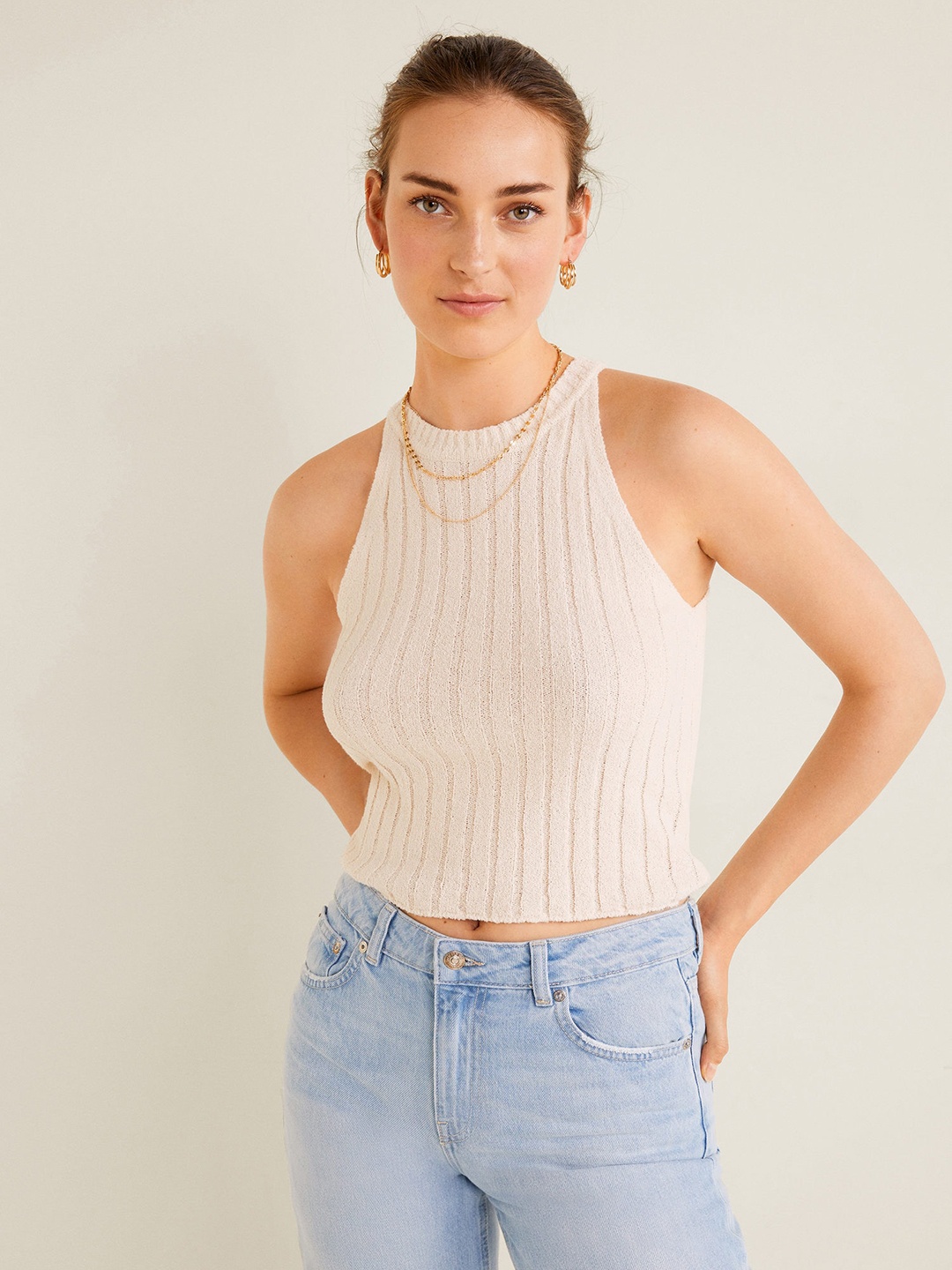 

MANGO Women Off-White Ribbed Cropped Fitted Top