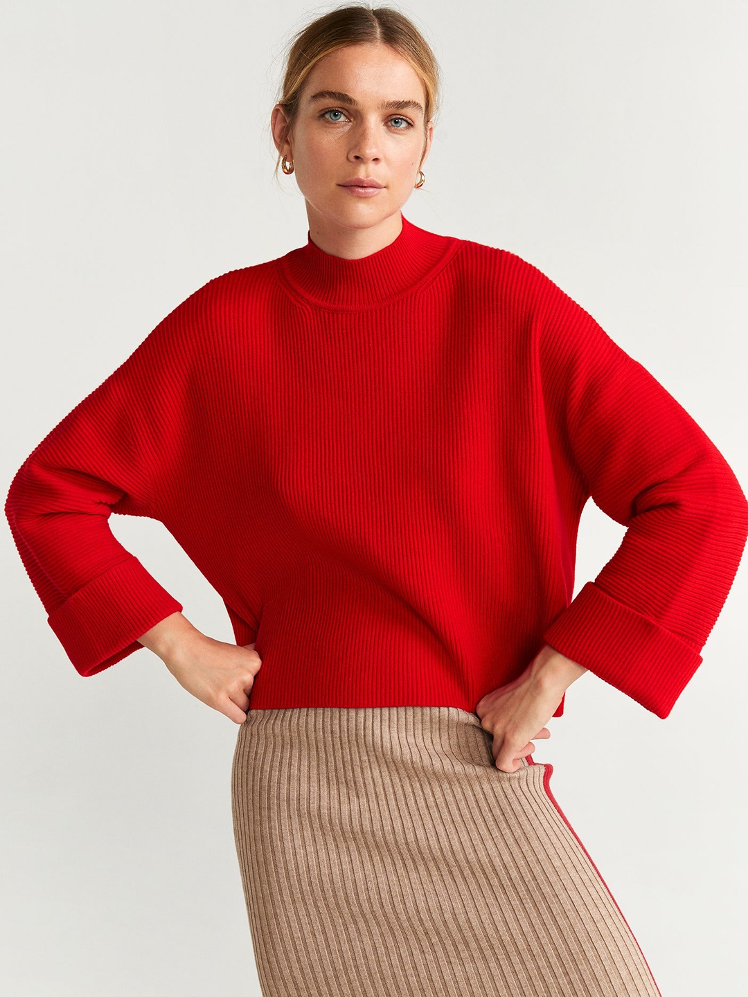 

MANGO Women Red Ribbed Boxy Sweater