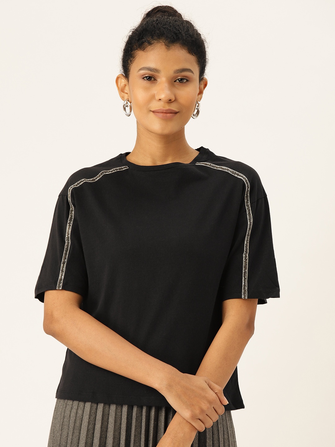 

MANGO Women Black Embellished Pure Cotton Top