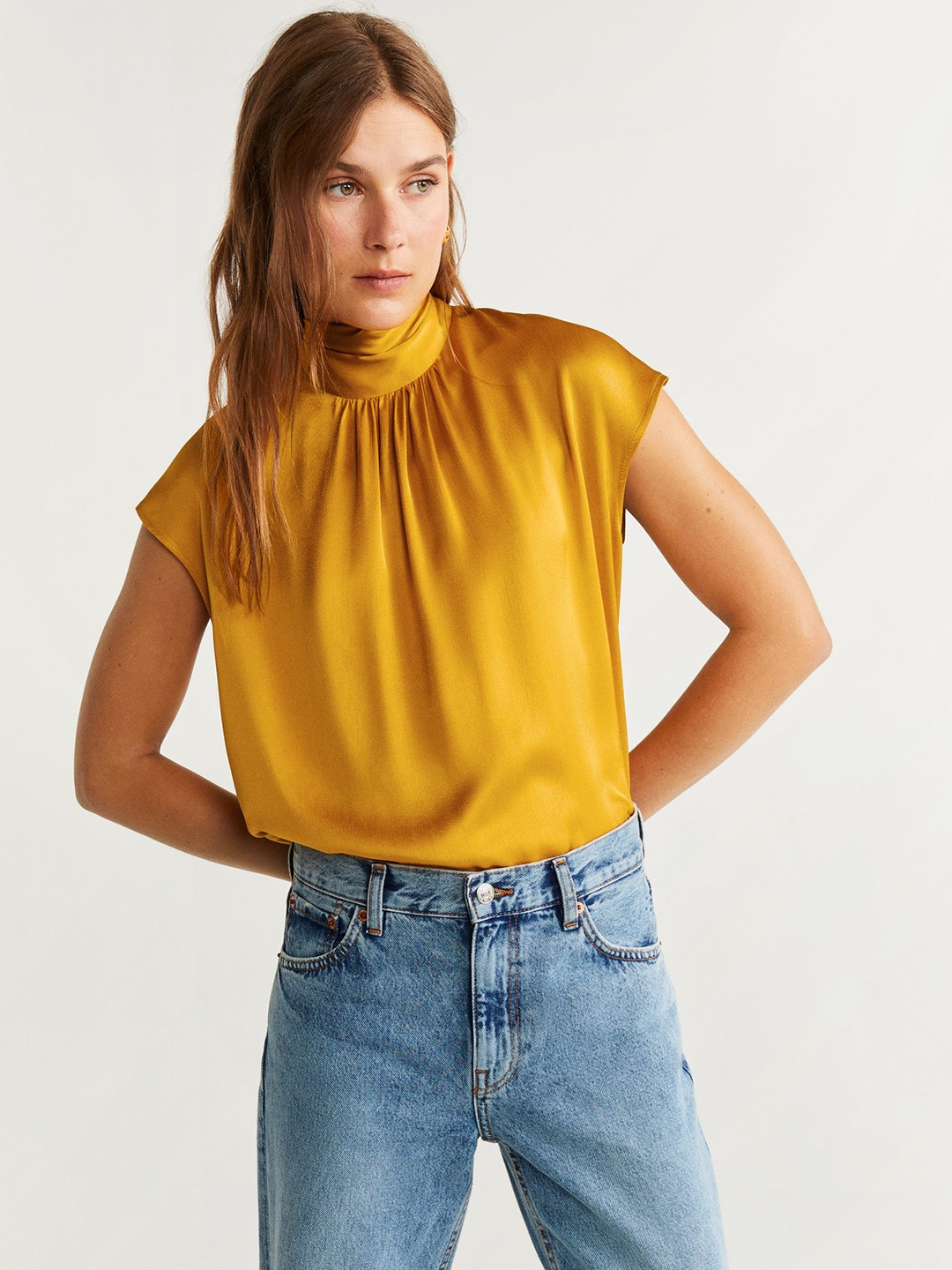 

MANGO Women Mustard Yellow Satin Finish Solid Top