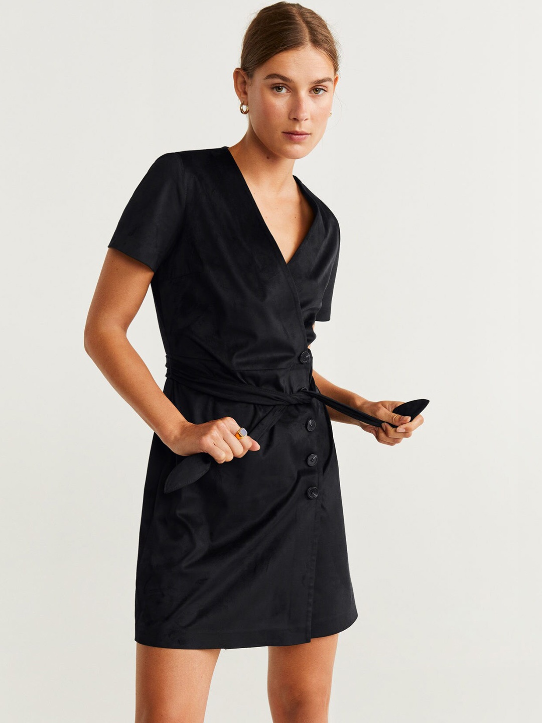 

MANGO Women Black Solid Suede Finish Wrap Dress