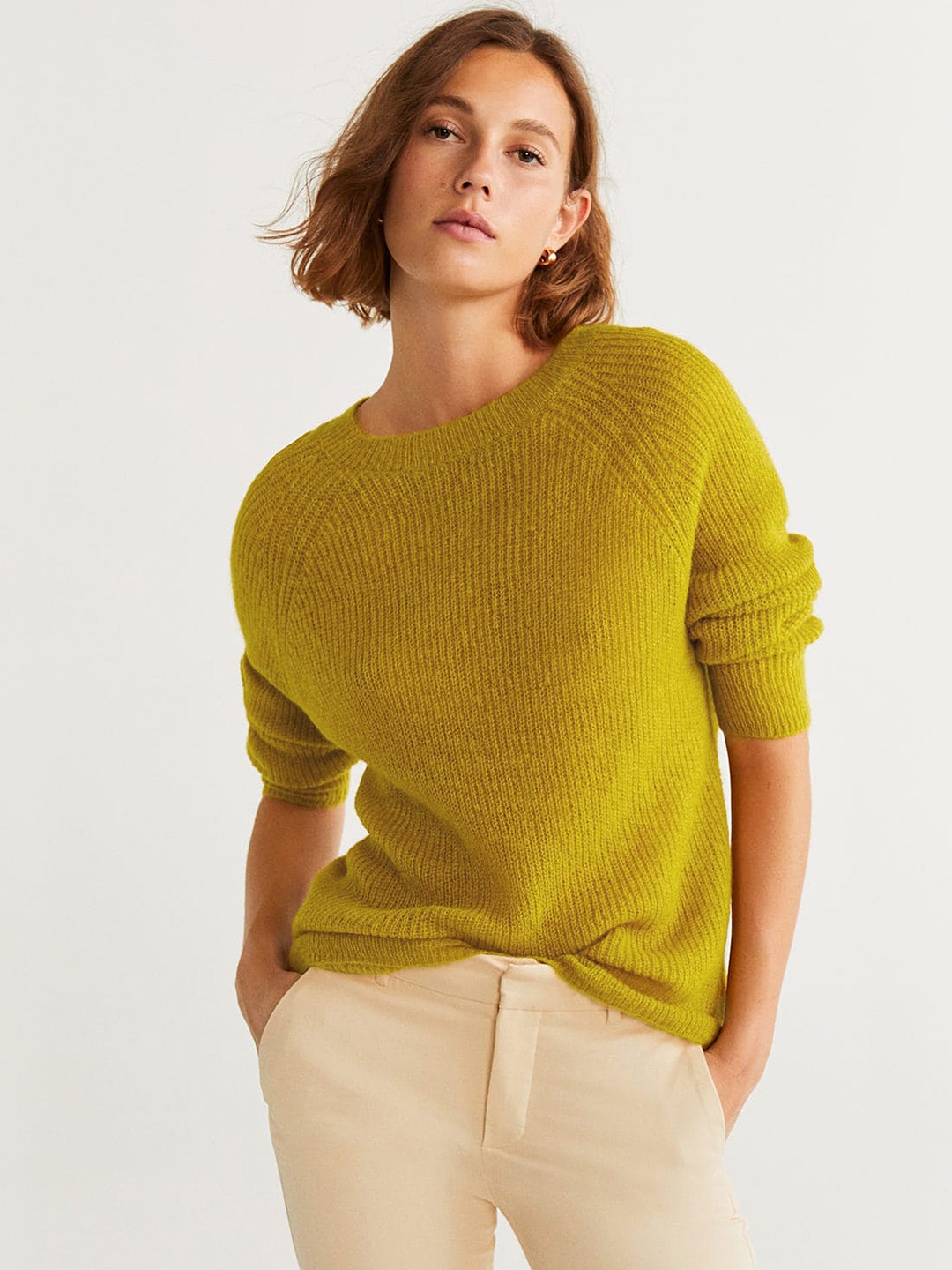 

MANGO Women Mustard Yellow Solid Open Knit Pullover