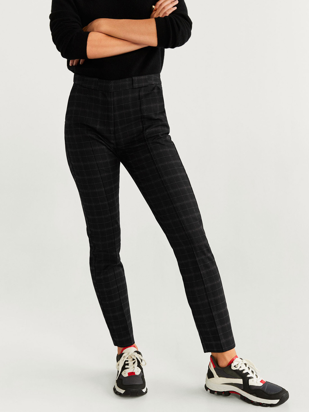 

MANGO Women Black Skinny Fit Checked Regular Trousers