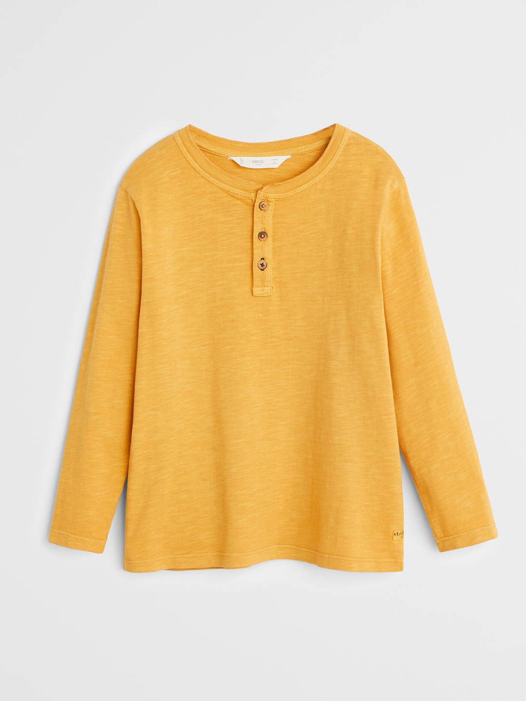 

Mango Kids Boys Mustard Yellow Henley Neck Pure Cotton T-shirt