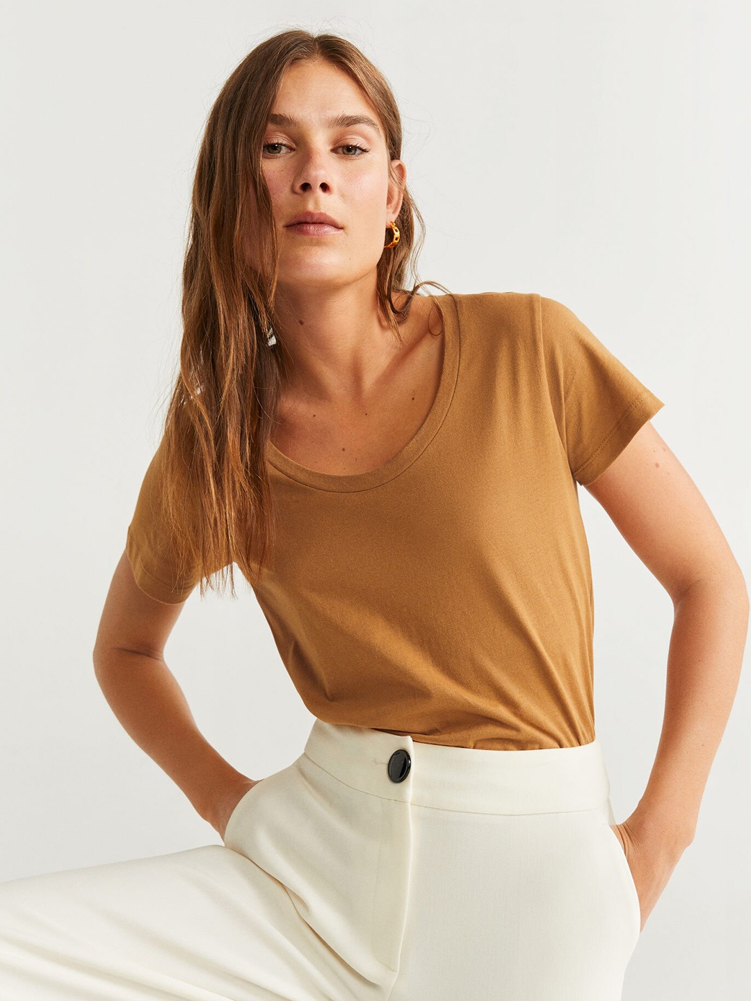 

MANGO Women Mustard Brown Solid Scoop Neck T-shirt